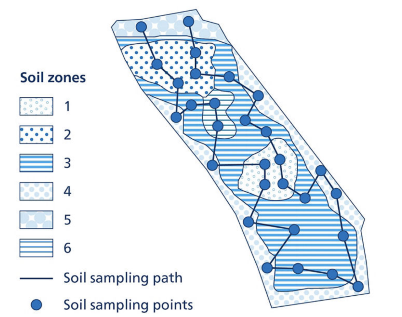 Figure 2. A field map showing distinct soil zones that indicate yield potential, forming the basis for determining soil sampling points and paths.