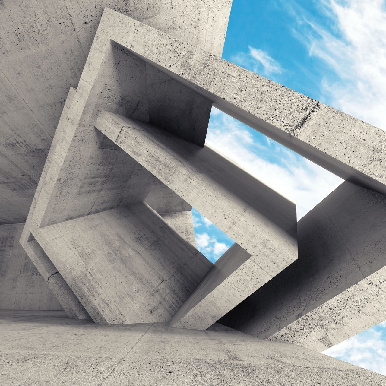 Concrete room interior with chaotic cubic structures and blue cloudy sky outside. Abstract architecture background, 3d illustration
516688888