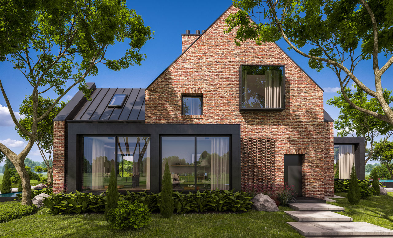 brick house with glass patio on a sunny day