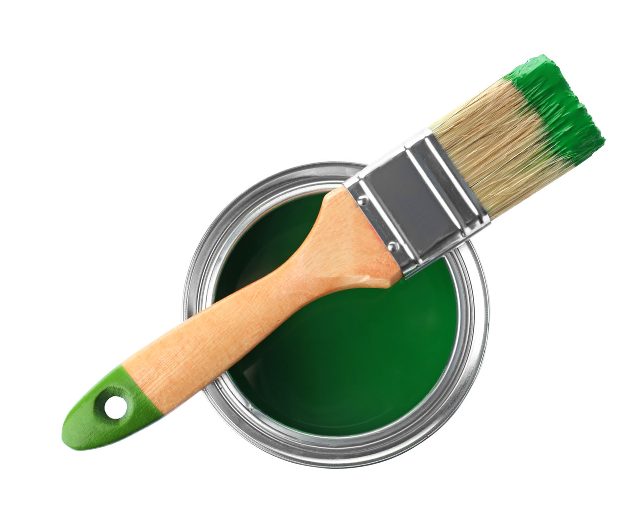 Paint can and brush on white background, top view; Shutterstock ID 1293322108; purchase_order: CON; job: ; client: ; other: 