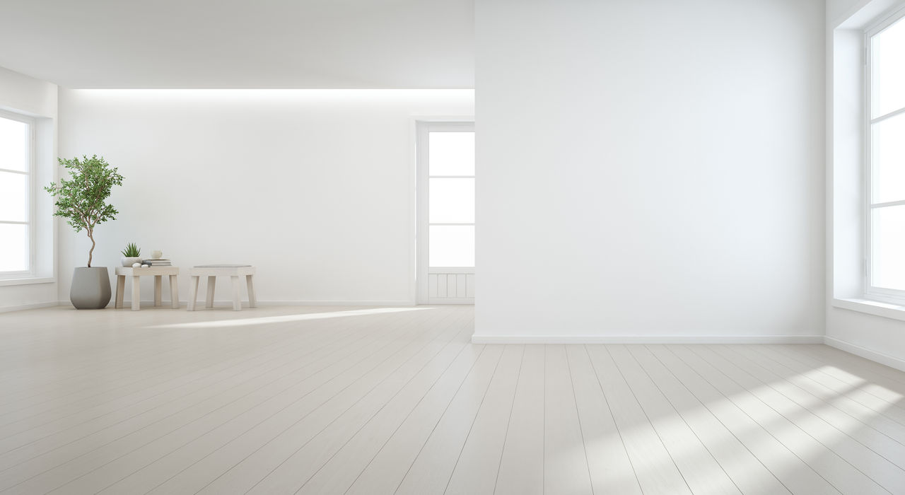 Indoor plant on wooden floor with white wall background in large room at modern new house for big family, Vintage window and door of empty hall or natural light studio -Home interior 3d illustration; Shutterstock ID 789595981; Purchase Order: COn Microsite