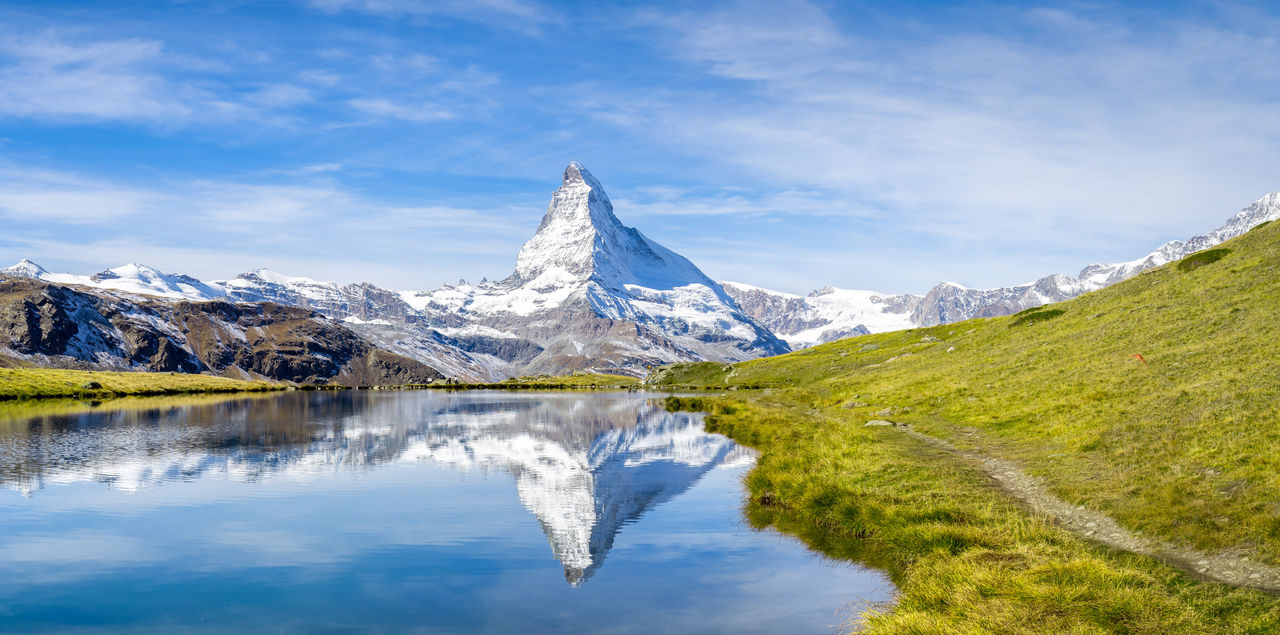 Snowy mountain range reflected on a lake